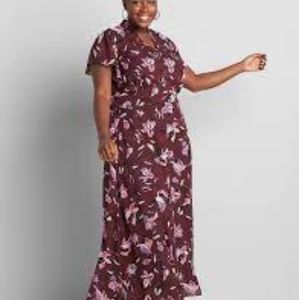 Lane Bryant Sz 20 Midi Dress w Button Detail Burgundy Floral (Whispering Floral)